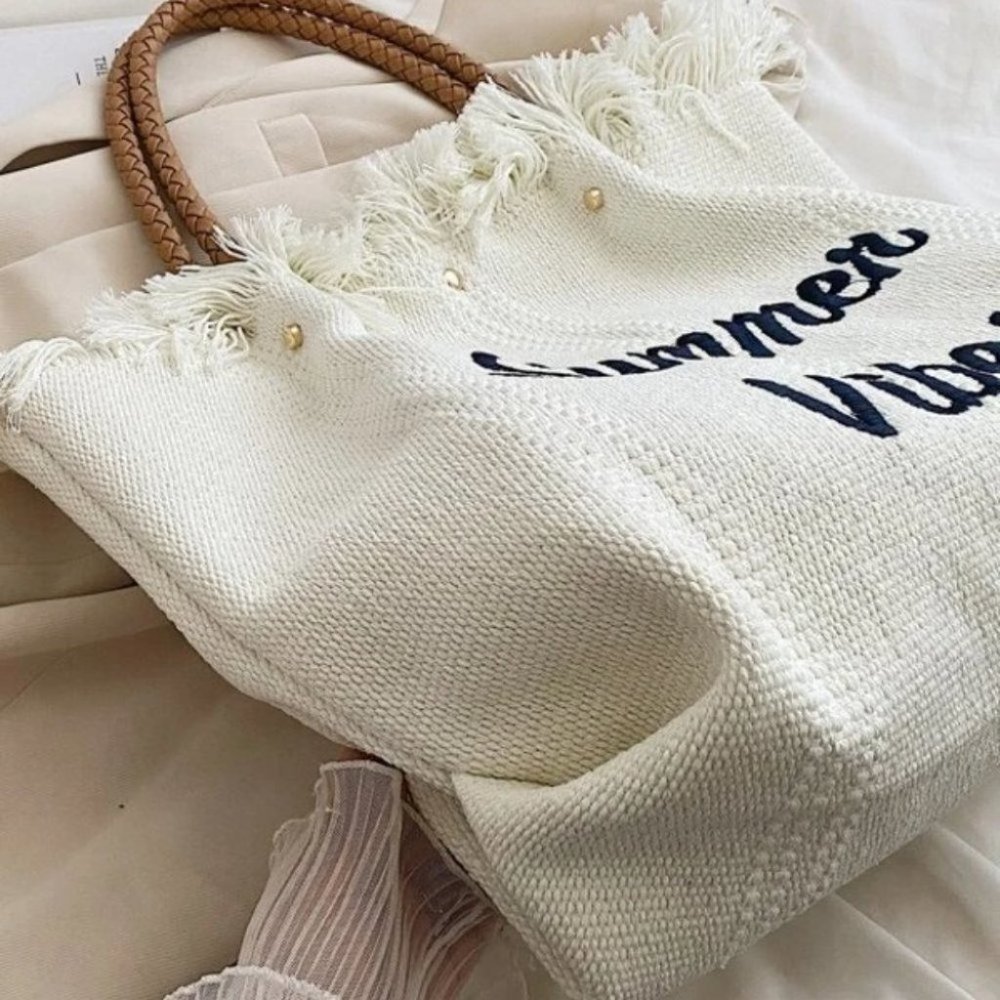 Letter Embroidered Fringe Trim canvas Crochet Bag - Picture 4 of 8